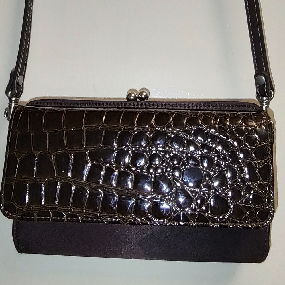 Dark Brown Nylon & Faux Leather Crock Design Crossbody Wallet / Clutch